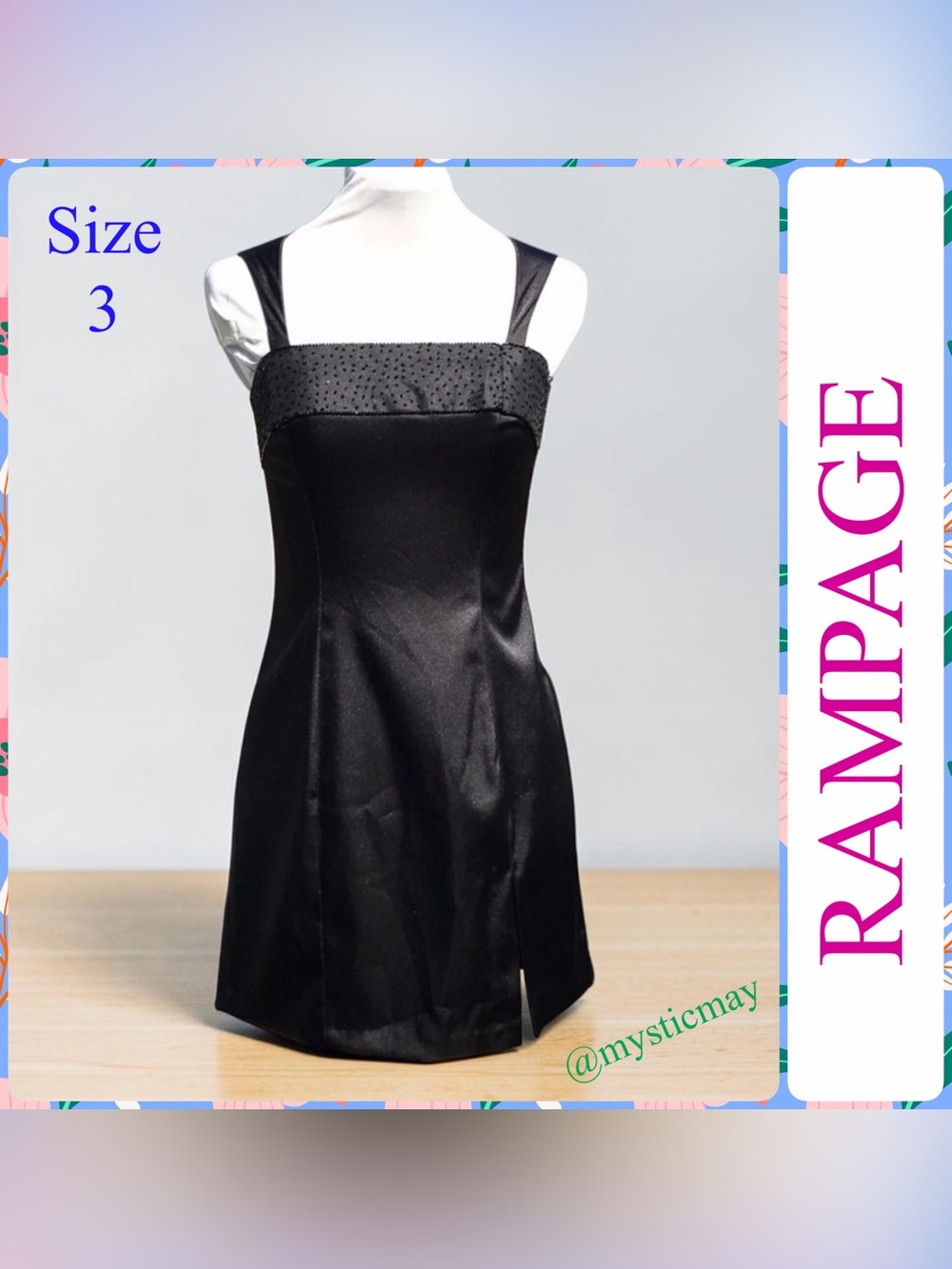 RAMPAGE Beaded Black Satin Slit Thigh Sexy Cocktail Dress LBD Juniors Size 3